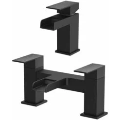 Bathroom Modern Black Waterfall Basin Sink Bath Mono Mixer Tap Taps Set Hot Cold
