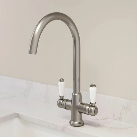 Traditional Mono Kitchen Sink Mixer Tap Twin Ceramic Lever Brushed Metal Faucet 3 Traditional Mono Kitchen Sink Mixer Tap Twin Ceramic Lever Brushed Metal Faucet
