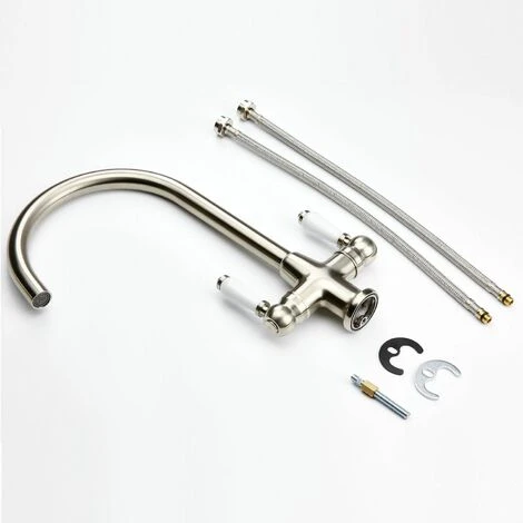 Traditional Mono Kitchen Sink Mixer Tap Twin Ceramic Lever Brushed Metal Faucet 6 Traditional Mono Kitchen Sink Mixer Tap Twin Ceramic Lever Brushed Metal Faucet - Image 4