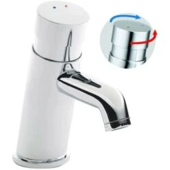 Non Concussive Push Down Self Closing Round Chrome Basin Mono Mixer Tap Hot Cold -Bathroom Faucet Store 30321393 3