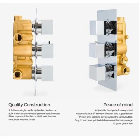 OLIVE BATHROOM 3 DIAL 3 WAY CONCEALED SQUARE THERMOSTATIC SHOWER MIXER VALVE CHROME 4 OLIVE BATHROOM 3 DIAL 3 WAY CONCEALED SQUARE THERMOSTATIC SHOWER MIXER VALVE CHROME - Image 2