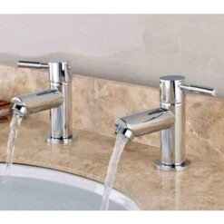 Pair Of Basin Taps,Twin Modern Round 1/2" Hot And Cold Bathroom Sink Taps, Chrome Brass 2pcs -Bathroom Faucet Store 46235780 2