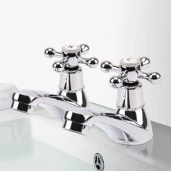 Basin Tap Pair Traditional Bathroom Sink Taps Hot And Cold Water Mixer Tap With Ceramic Disc Technology, Solid Brass Traditional Double Basin Taps For Kitchen Basin Sink Bathroom Washroom -Bathroom Faucet Store 46235825 5