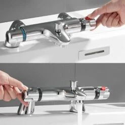 Thermostatic Bath Shower Mixer Valve Deck Mounted With Legs, Solid Brass Body Chrome Plated, Easy To Control Water Flow And Temperature From 30-45°C, Safety Button Temperature 38°C -Bathroom Faucet Store 46892202 4