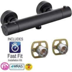 Black Thermostatic Bar Mixer Shower Valve Round Bottom Outlet + Fast Fit Kit