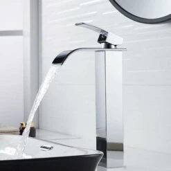 Modern Tall Waterfall Basin Faucet, Elegant Design Bathroom Faucet, Tall Single Handle Brass Basin Mixer Tap, Hot And Cold Water Available