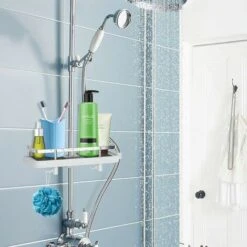 Shower Shelf Without Drilling Adjustable Shower Shelf For The Shower Rod Bathroom Storage With Shower Holder Shelf With 2 Small Hooks -Bathroom Faucet Store 68107378 5