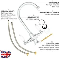 ENKI, Dorchester, KT041, Chrome Polished Brass Dual Flow Kitchen Sink Mixer Tap For Basin, With Twin White Levers Swivel Spout Perfect For Double Bowl Sinks, Easy Safe To Use Drip Free Ceramic Valve 9 ENKI, Dorchester, KT041, Chrome Polished Brass Dual Flow Kitchen Sink Mixer Tap For Basin, With Twin White Levers Swivel Spout Perfect For Double Bowl Sinks, Easy Safe To Use Drip Free Ceramic Valve -Bathroom Faucet Store 69286712 3