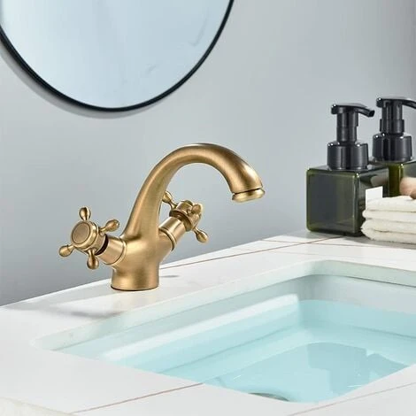 SUGUWORD Vanity Sink Tap Deck Mounted Antique Brass Double Hot And Cold Water Single Spout Faucet 3 SUGUWORD Vanity Sink Tap Deck Mounted Antique Brass Double Hot And Cold Water Single Spout Faucet