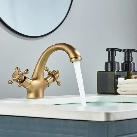 SUGUWORD Vanity Sink Tap Deck Mounted Antique Brass Double Hot And Cold Water Single Spout Faucet 4 SUGUWORD Vanity Sink Tap Deck Mounted Antique Brass Double Hot And Cold Water Single Spout Faucet - Image 2