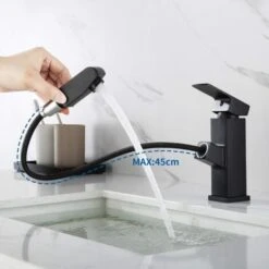Basin Mixer Tap With Pull Out Spray, Black Bathroom Mixer Tap, Tap Height 18mm -Bathroom Faucet Store 78580903 4