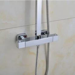 Square Thermostatic Shower Stick Mixing Valve Faucet Chrome Bathroom Double Outlet 11 Square Thermostatic Shower Stick Mixing Valve Faucet Chrome Bathroom Double Outlet -Bathroom Faucet Store 86503866 5