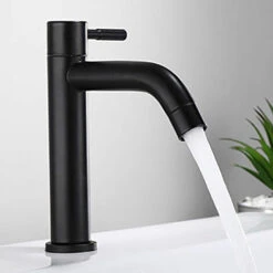 Matte Faucet Black Stainless Steel Basin Single Cold Water Tap For Home Kitchen Room Use, G1/2in Male Thread(Curved Mouth) -Bathroom Faucet Store 87632461 5