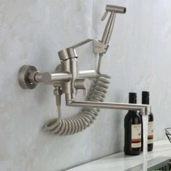 Wall-mounted Faucet With Hand Shower, With Spray Gun, Kitchen Sink, Stainless Steel Faucet, Hot/cold Water, Laundry Tub, Rotary -Bathroom Faucet Store 88294717 3