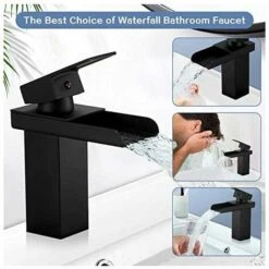 Matte Black Waterfall Bathroom Faucet, Brass Single Handle Basin Faucet With Cold And Hot Water Available, Ceramic Valve, Concave Waterfall Design Bathroom Faucet, G 3/8 -Bathroom Faucet Store 91162926 4