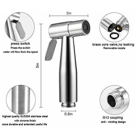 Handheld Bidet Sprayer, Brushed Nickel Stainless Steel Sprayer Set, Bathroom Diaper Cleaner, Portable Stainless Steel Shower Nozzle 4 Handheld Bidet Sprayer, Brushed Nickel Stainless Steel Sprayer Set, Bathroom Diaper Cleaner, Portable Stainless Steel Shower Nozzle - Image 2