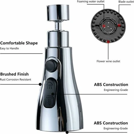 Faucet Head, Kitchen Sink Extension With 360° Rotating Spout Spray Head With 3 Modes Faucet Nozzle Adjustment, Shower Faucet Aerator (Black) 4 Faucet Head, Kitchen Sink Extension With 360° Rotating Spout Spray Head With 3 Modes Faucet Nozzle Adjustment, Shower Faucet Aerator (Black) - Image 2