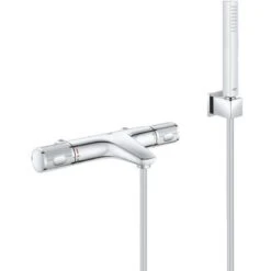 Grohe Grohtherm Thermostatic Bath/shower Mixer Set + Stick 1 Jet Shower, Wall Holder, Flexible Hose, Chrome (34780000-CUBESTICK)
