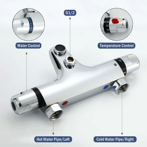 Thermostatic Shower Mixer, Brass Thermostatic Bathtub Mixer, Thermostatic Shower Faucet With 38°C Safety Button, Thermostatic Shower Mixer 4 Thermostatic Shower Mixer, Brass Thermostatic Bathtub Mixer, Thermostatic Shower Faucet With 38°C Safety Button, Thermostatic Shower Mixer - Image 2